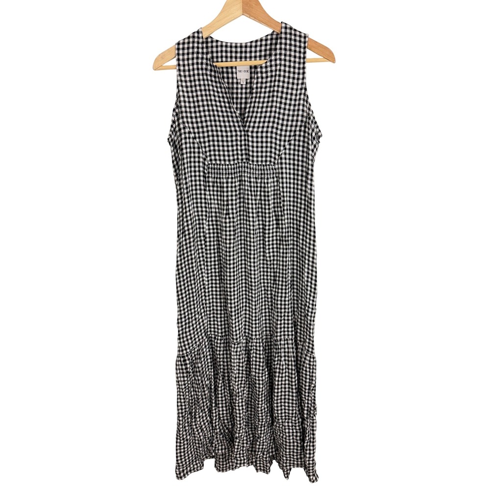 NIC+ZOE Gingham Midi Dress Women Small Black White Sleeveless Tiered V-Neck
